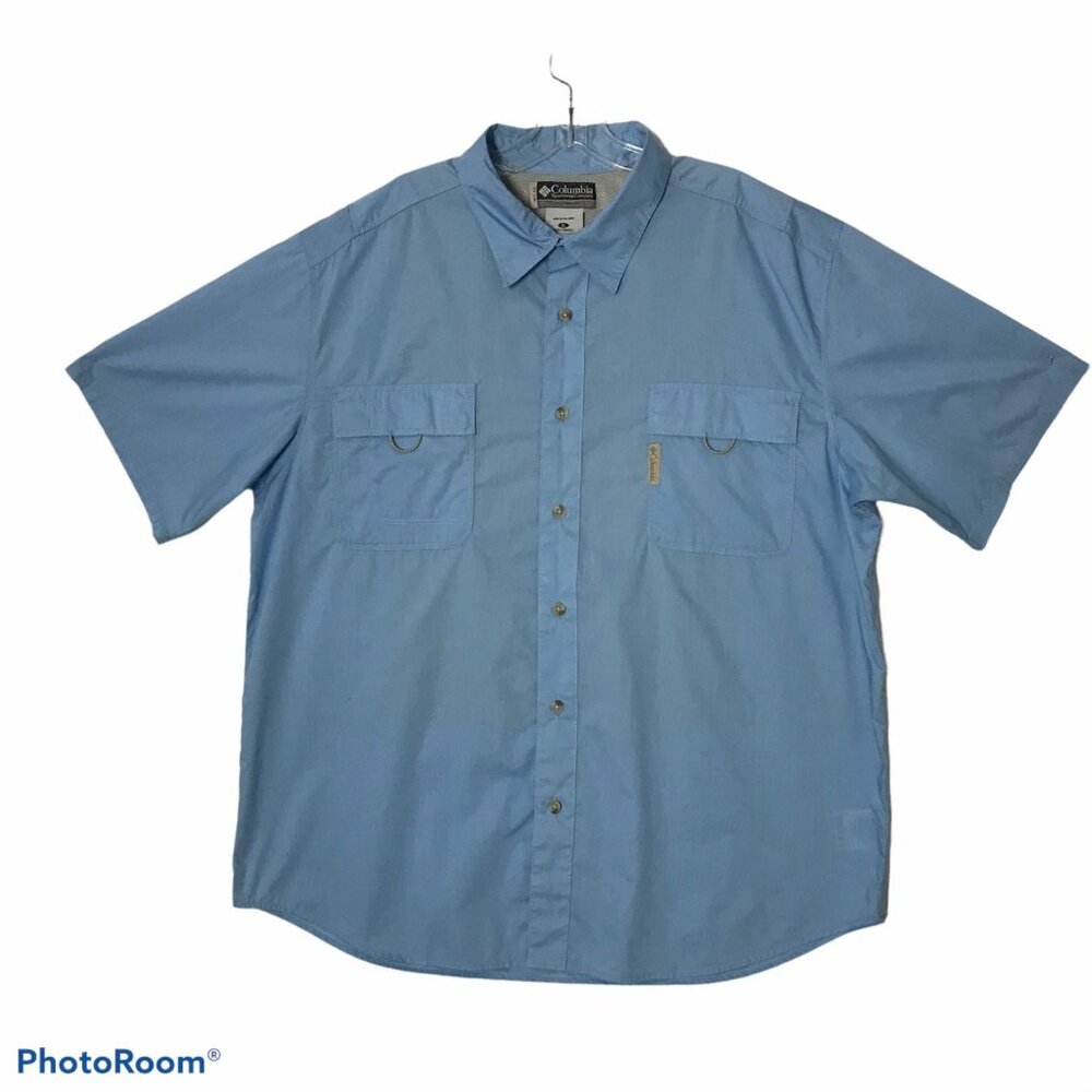 COLUMBIA Mens XL Button Down Shirt Short Sleeve Vented  Blue Polyester